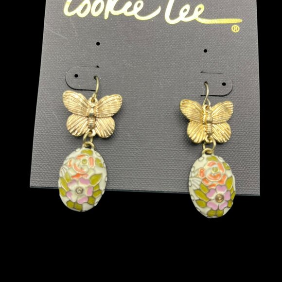 Vintage Cookie Lee Earrings Dangle Butterfly Floral Egg Cloisonné Gold Tone NEW - Picture 2 of 8